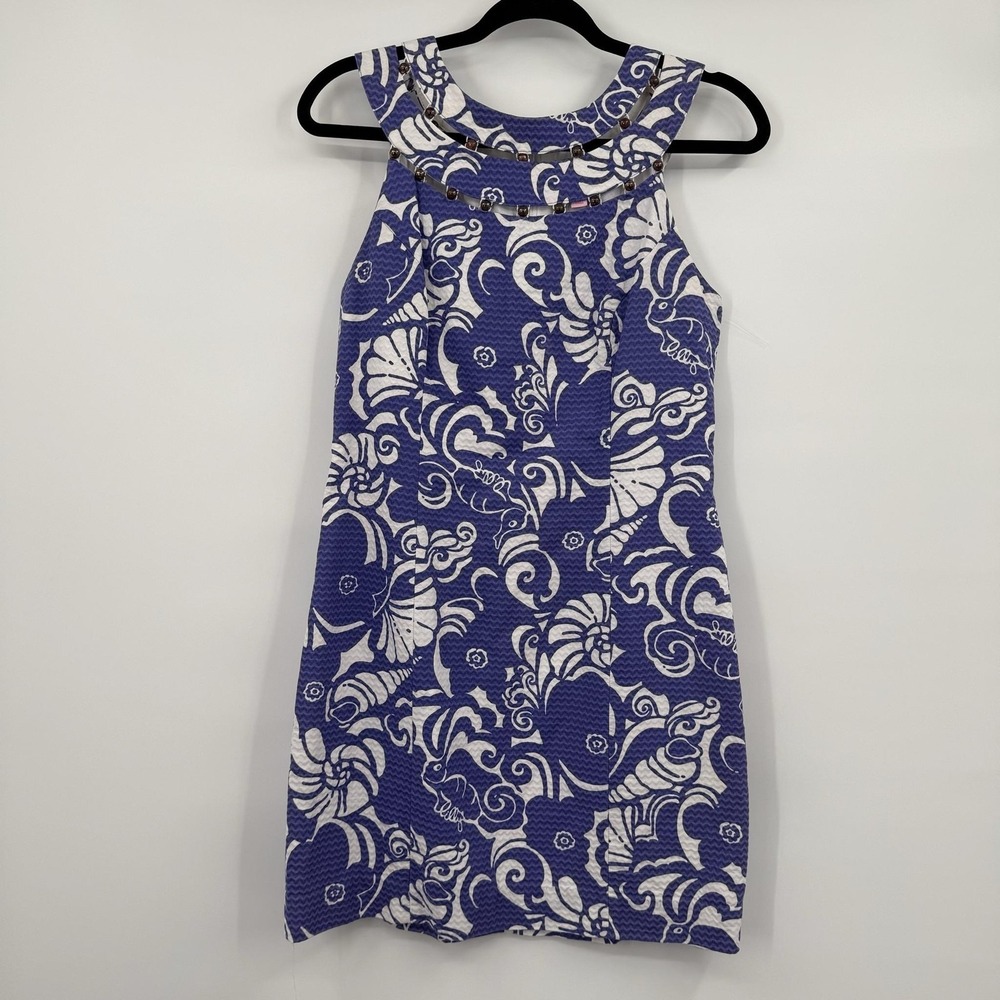 Lilly Pulitzer Dress Womens 4 Purple Floral Jacquard Shift High Neck Beaded